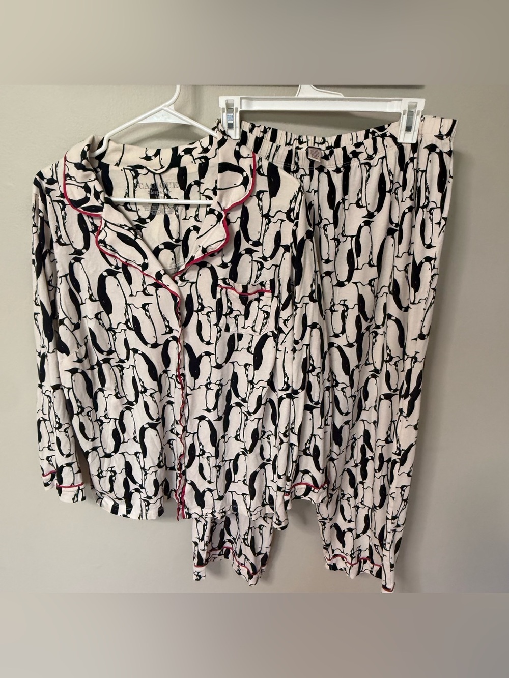 Cacique Sleep Pajama Set XL 14 16 Ivory Black Penguin Sleepwear Button